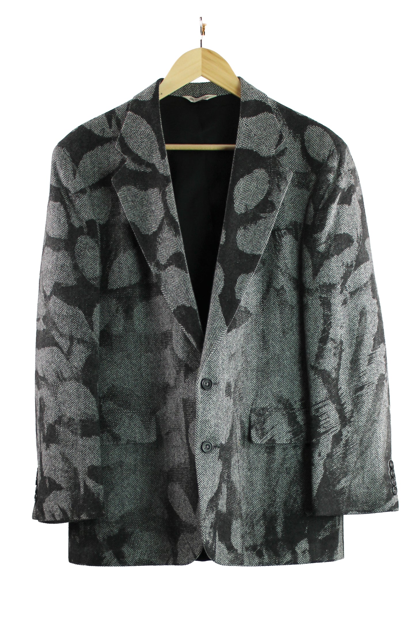 Grey Herringbone Wool Blazer with Black Abstract Feather Print