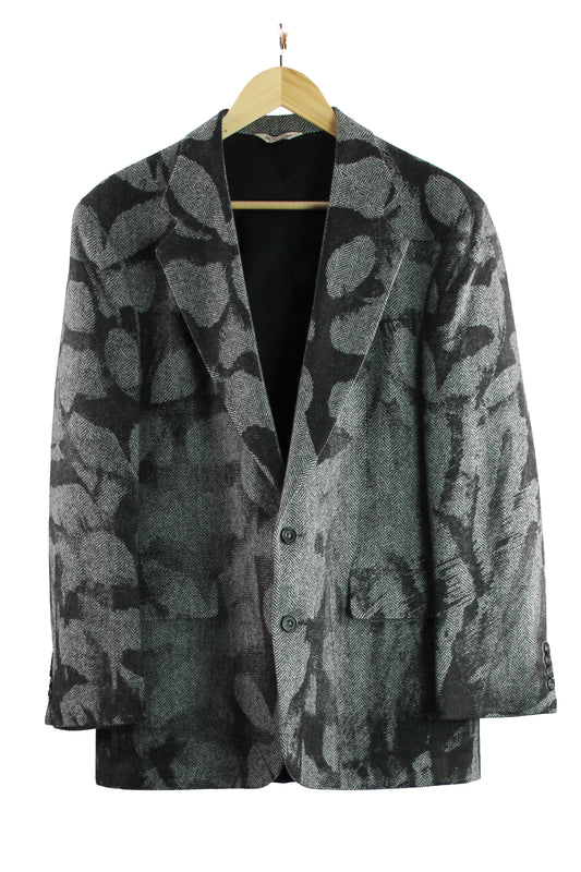 Grey Herringbone Wool Blazer with Black Abstract Feather Print