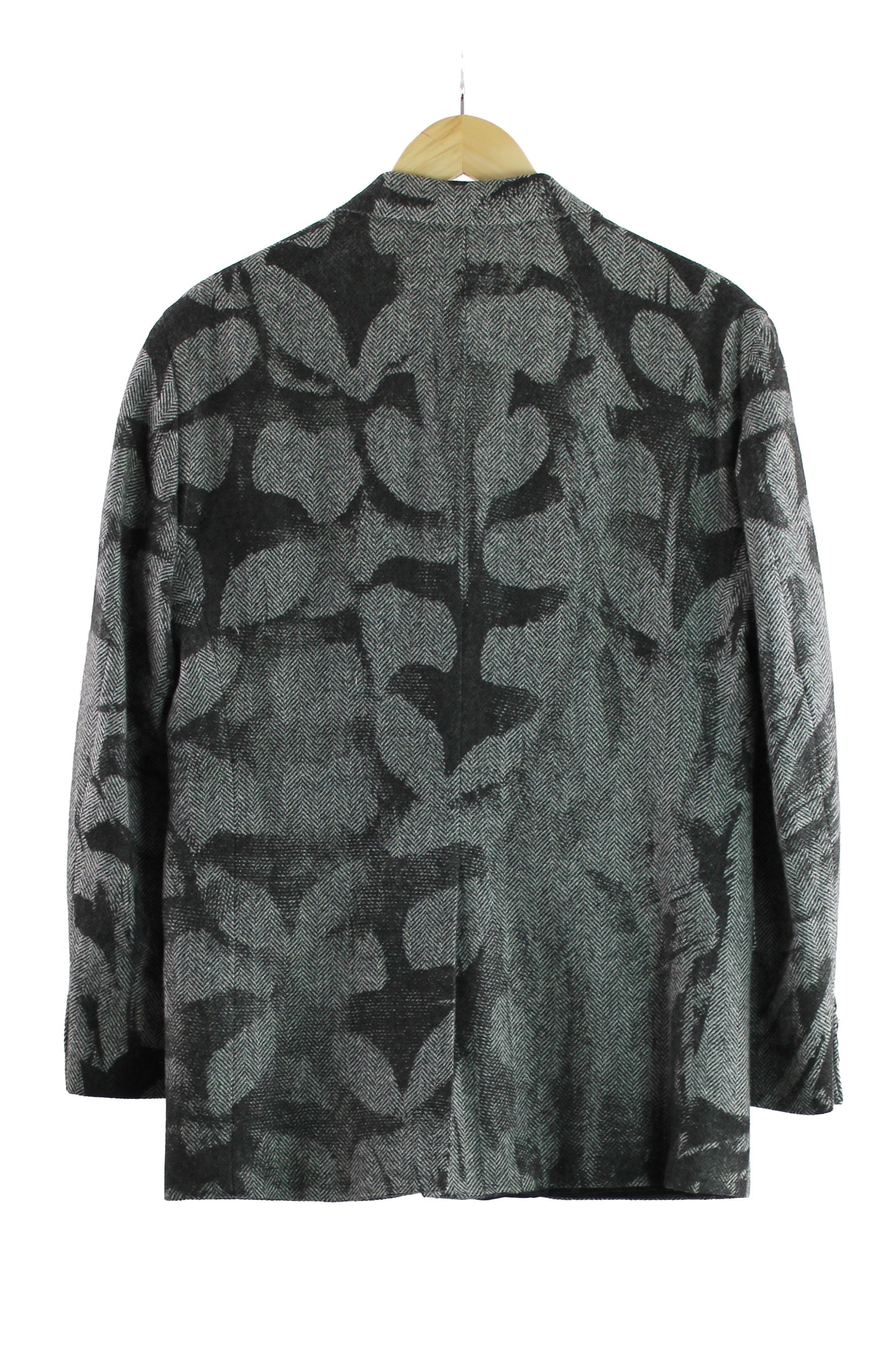 Grey Herringbone Wool Blazer with Black Abstract Feather Print