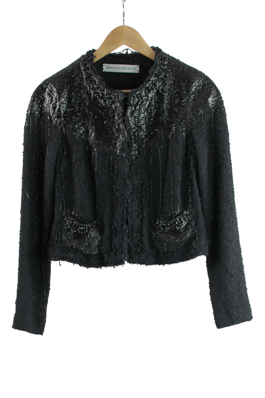 Black Cotton Knit Cropped Jacket with Rubber Dripping
