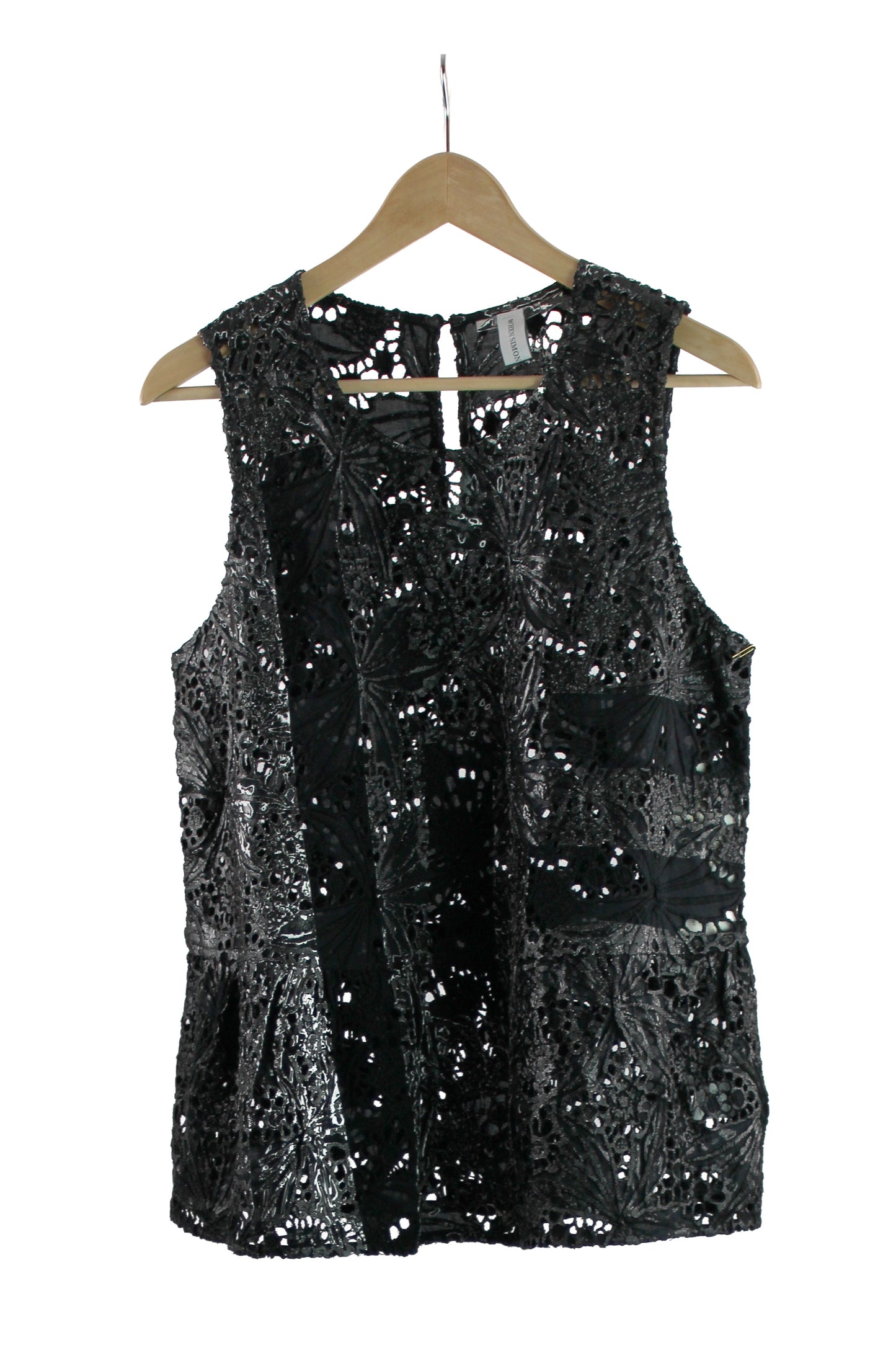 Sleeveless Black Lace Top with White and Black Print