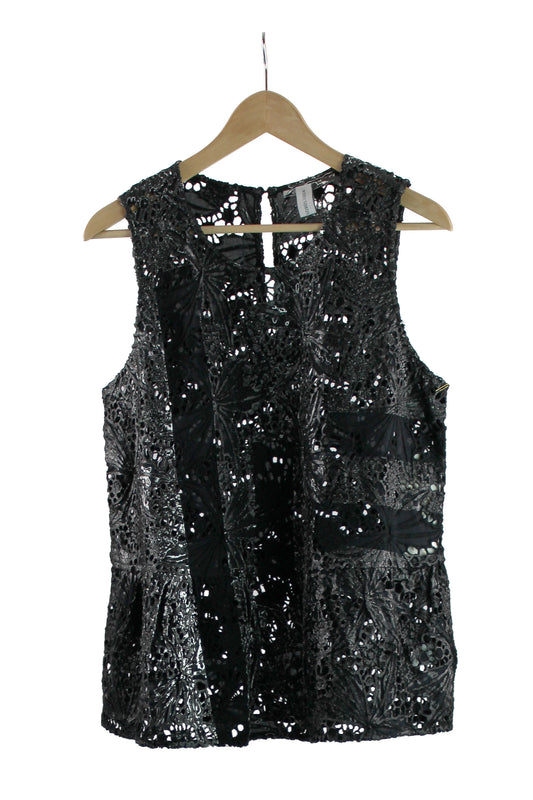Sleeveless Black Lace Top with White and Black Print