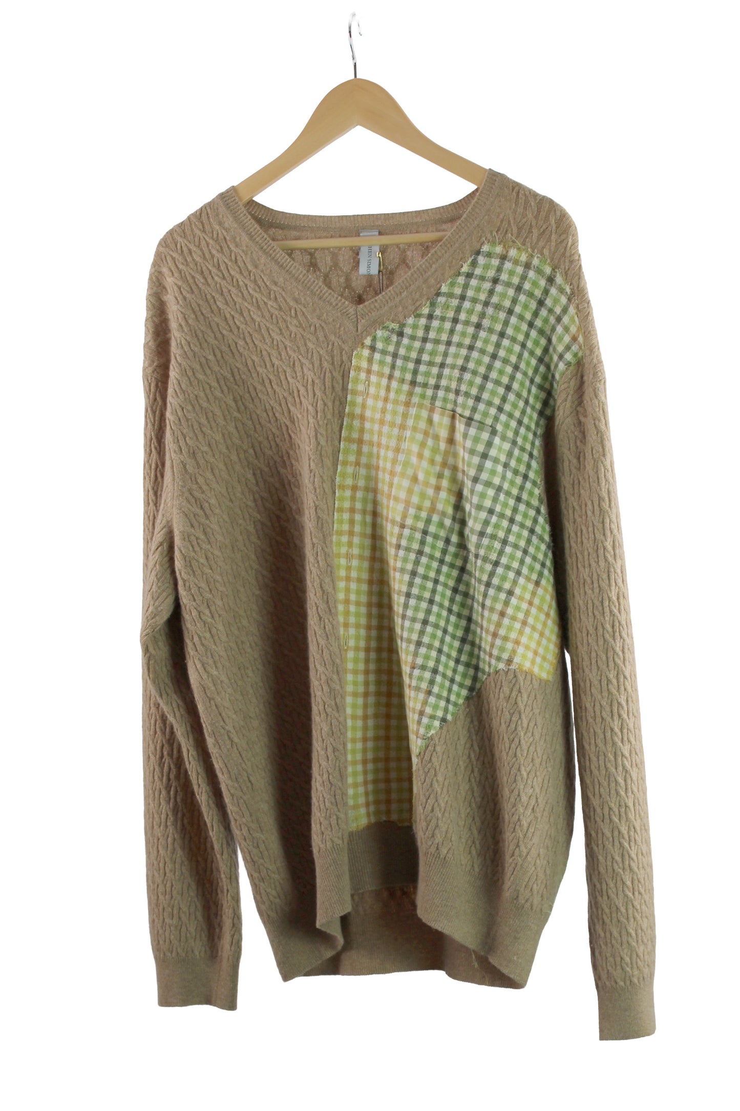 Long Sleeve Beige Cashmere Cable Knit Sweater with Green Felting