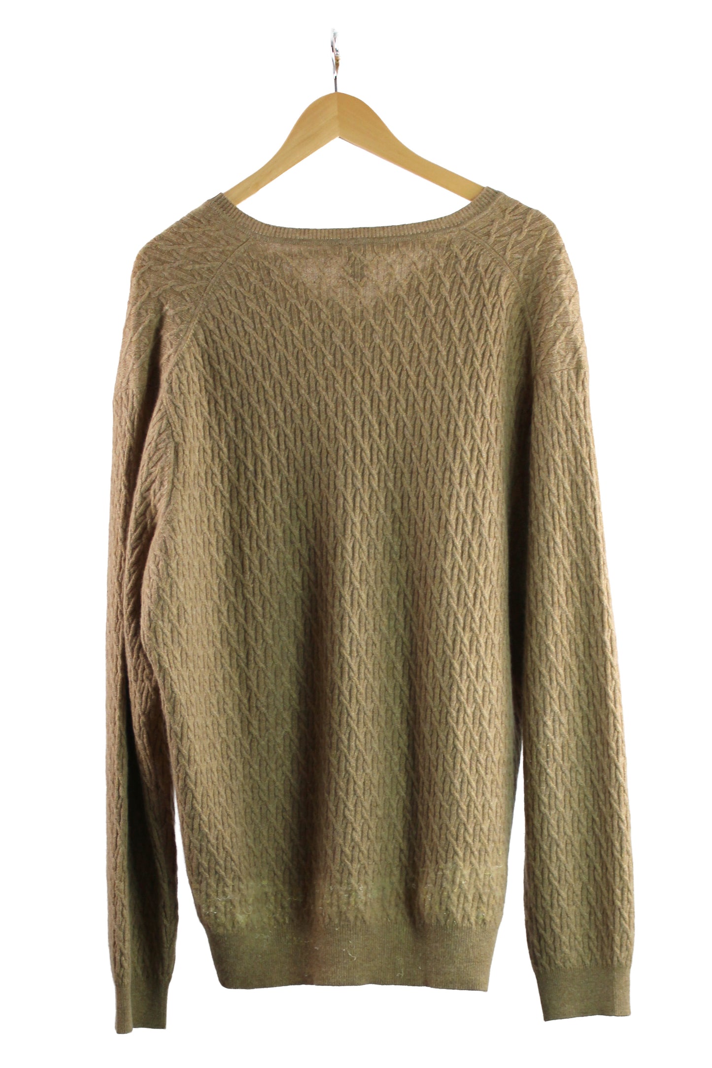Long Sleeve Beige Cashmere Cable Knit Sweater with Green Felting