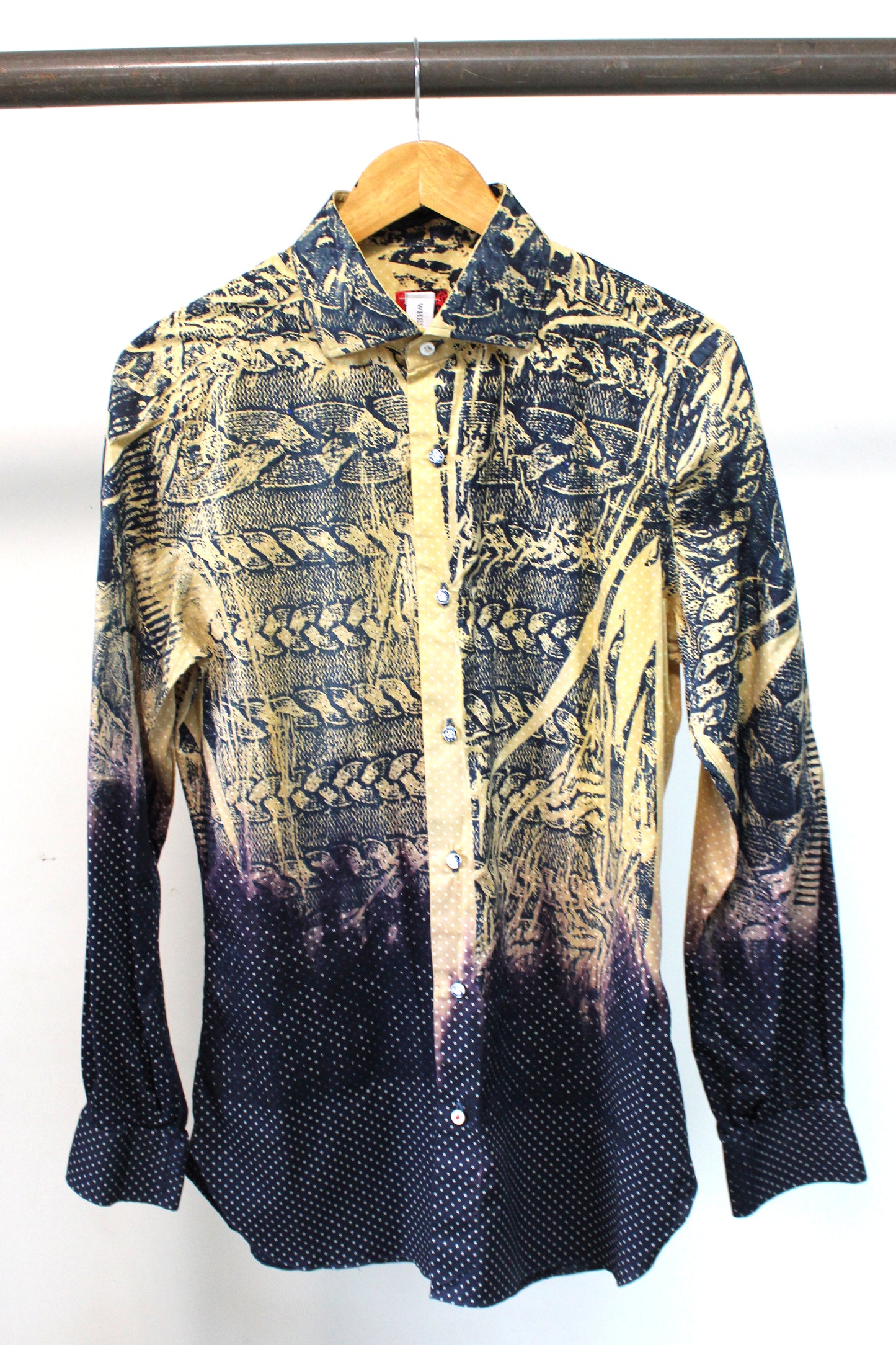 Men's Long Sleeve Blue Button-up Shirt Fade with Blue Print