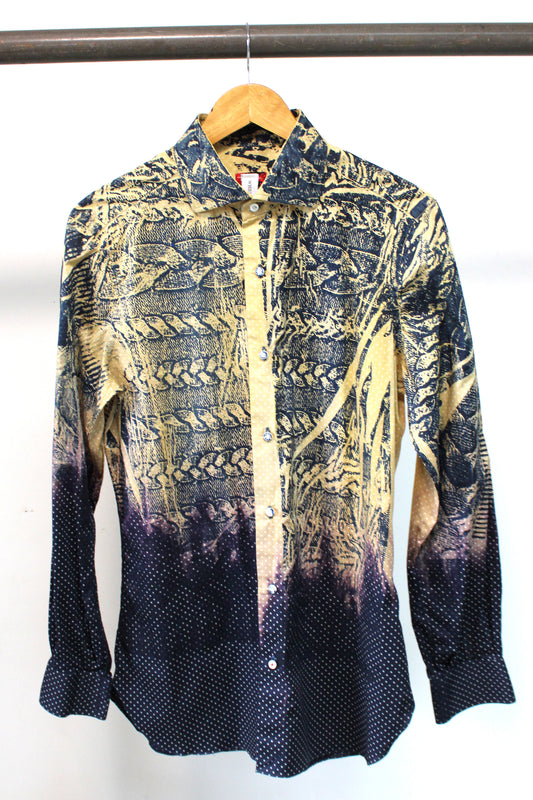 Men's Long Sleeve Blue Button-up Shirt Fade with Blue Print
