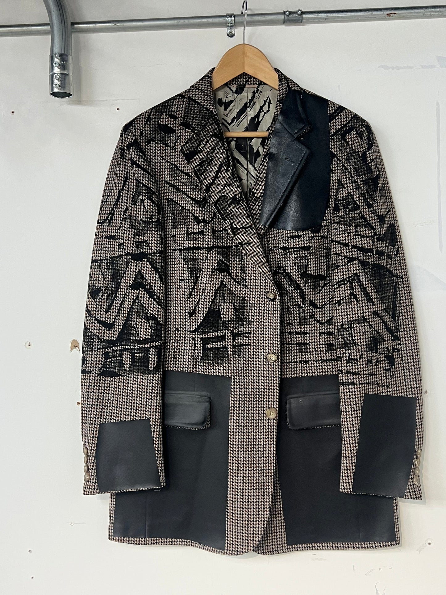 Wool Houndstooth Blazer with Black Print and Black Foil