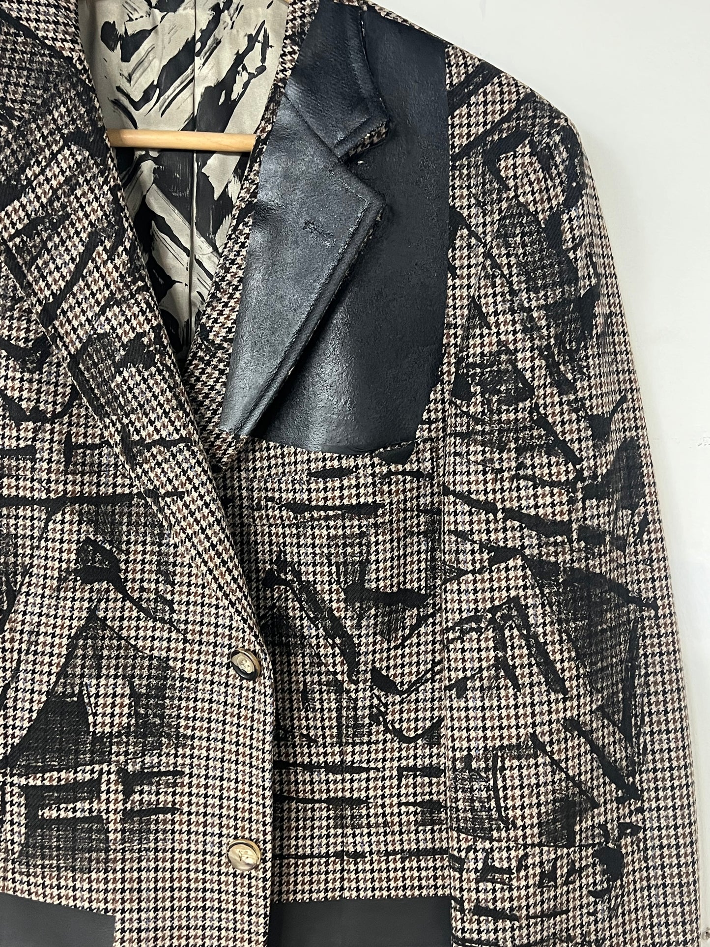 Wool Houndstooth Blazer with Black Print and Black Foil