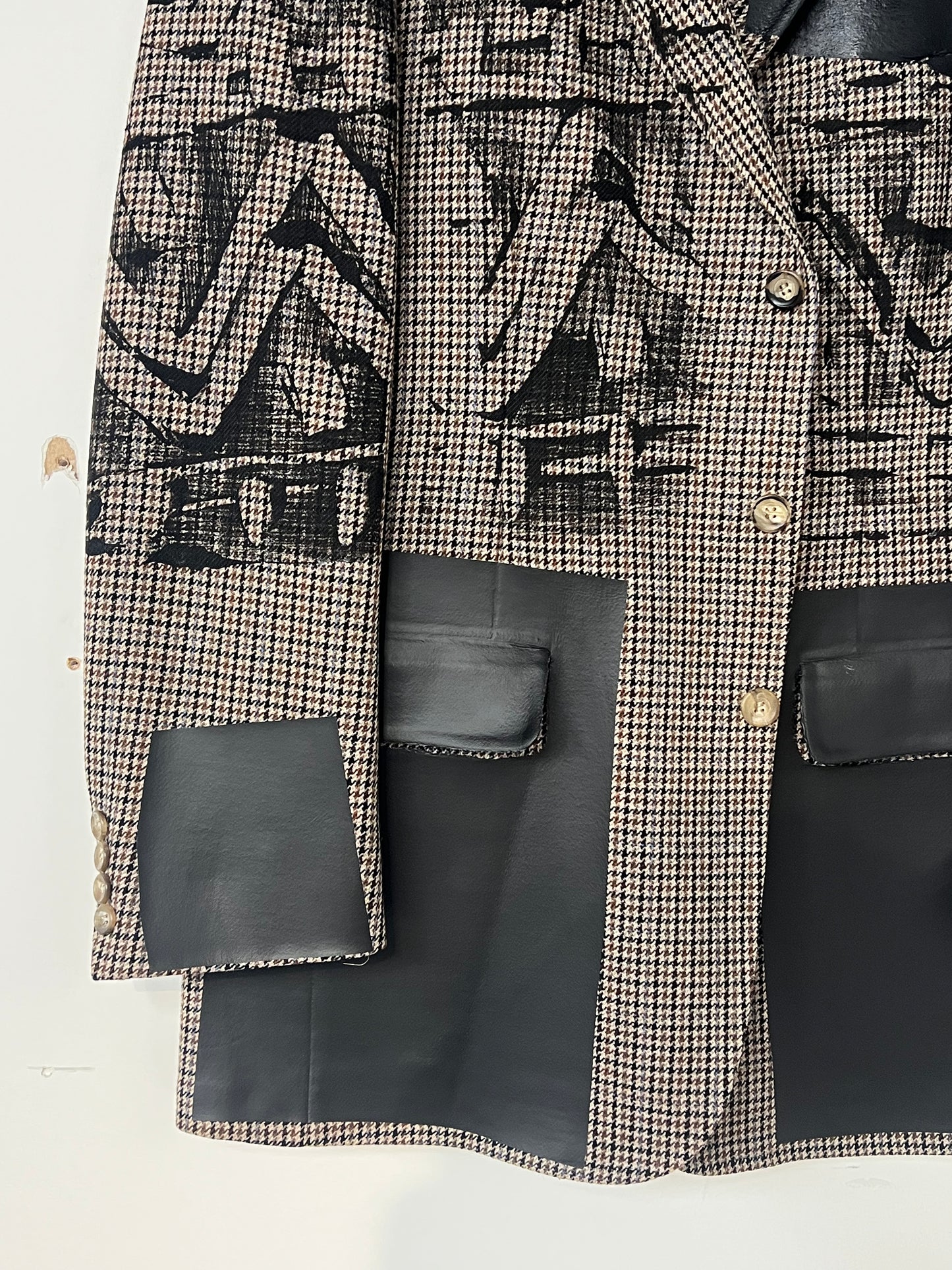 Wool Houndstooth Blazer with Black Print and Black Foil