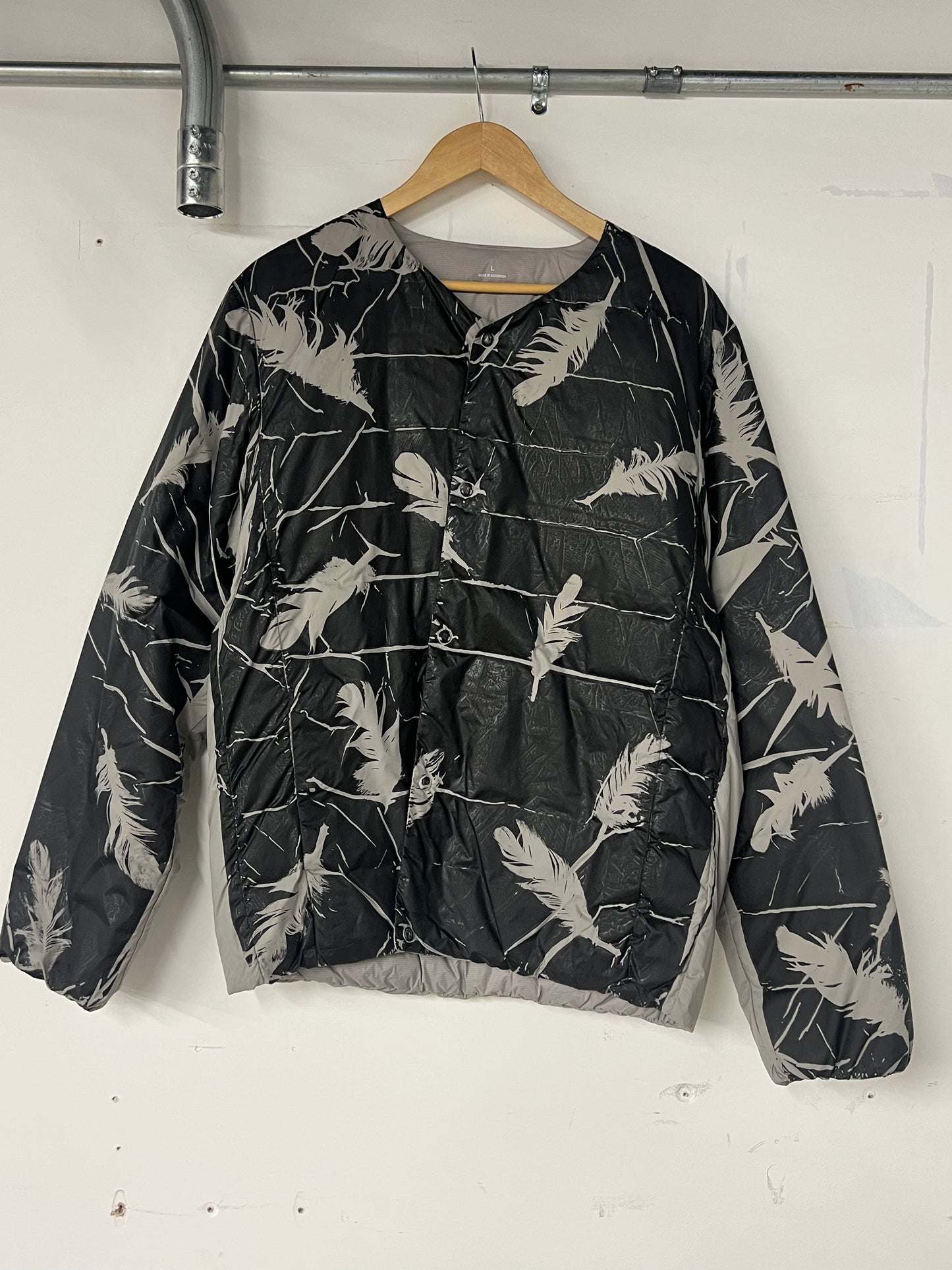 Nylon Puffer Jacket with Black Feather Print