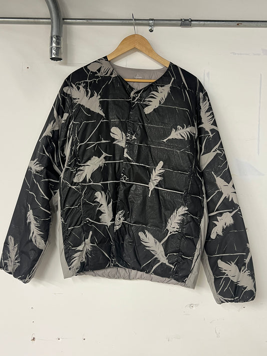 Nylon Puffer Jacket with Black Feather Print