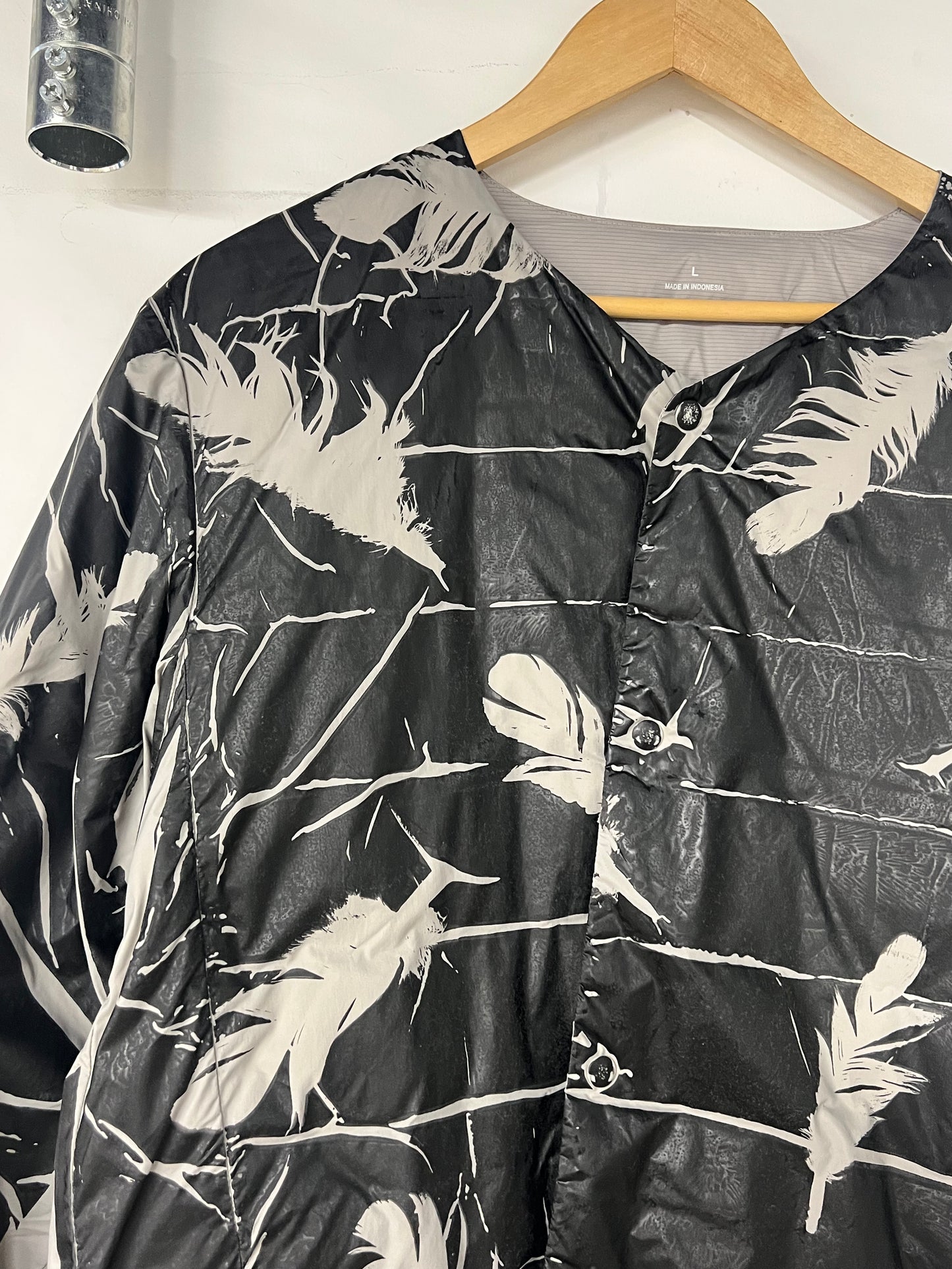 Nylon Puffer Jacket with Black Feather Print