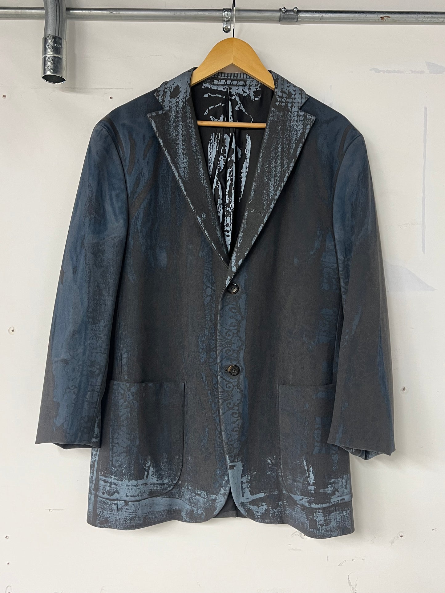 Wool Microfiber Blend Grey Blazer with Blue Print