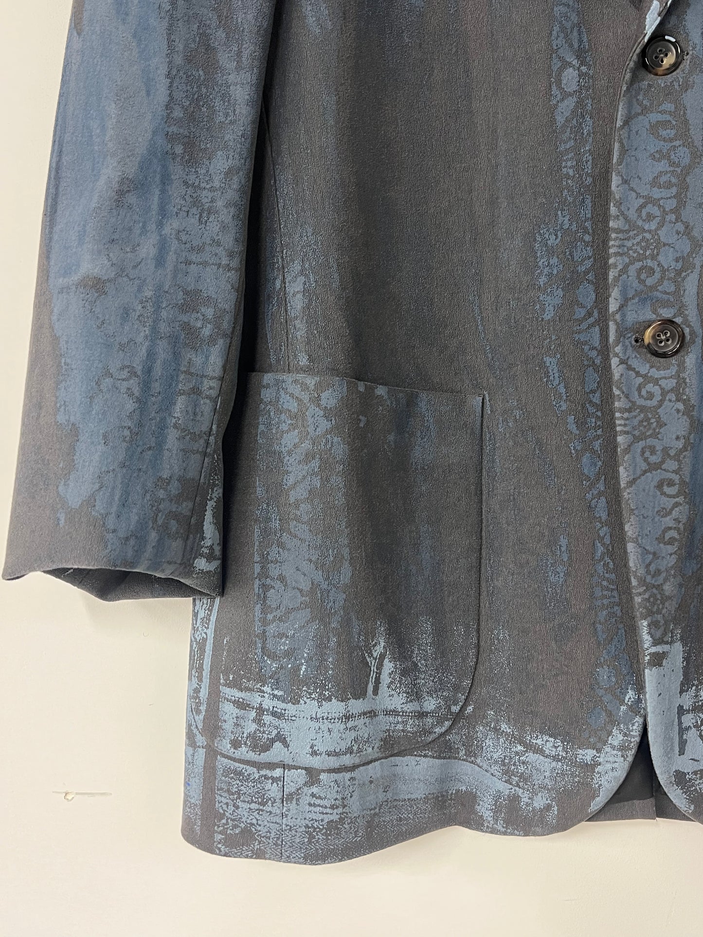 Wool Microfiber Blend Grey Blazer with Blue Print