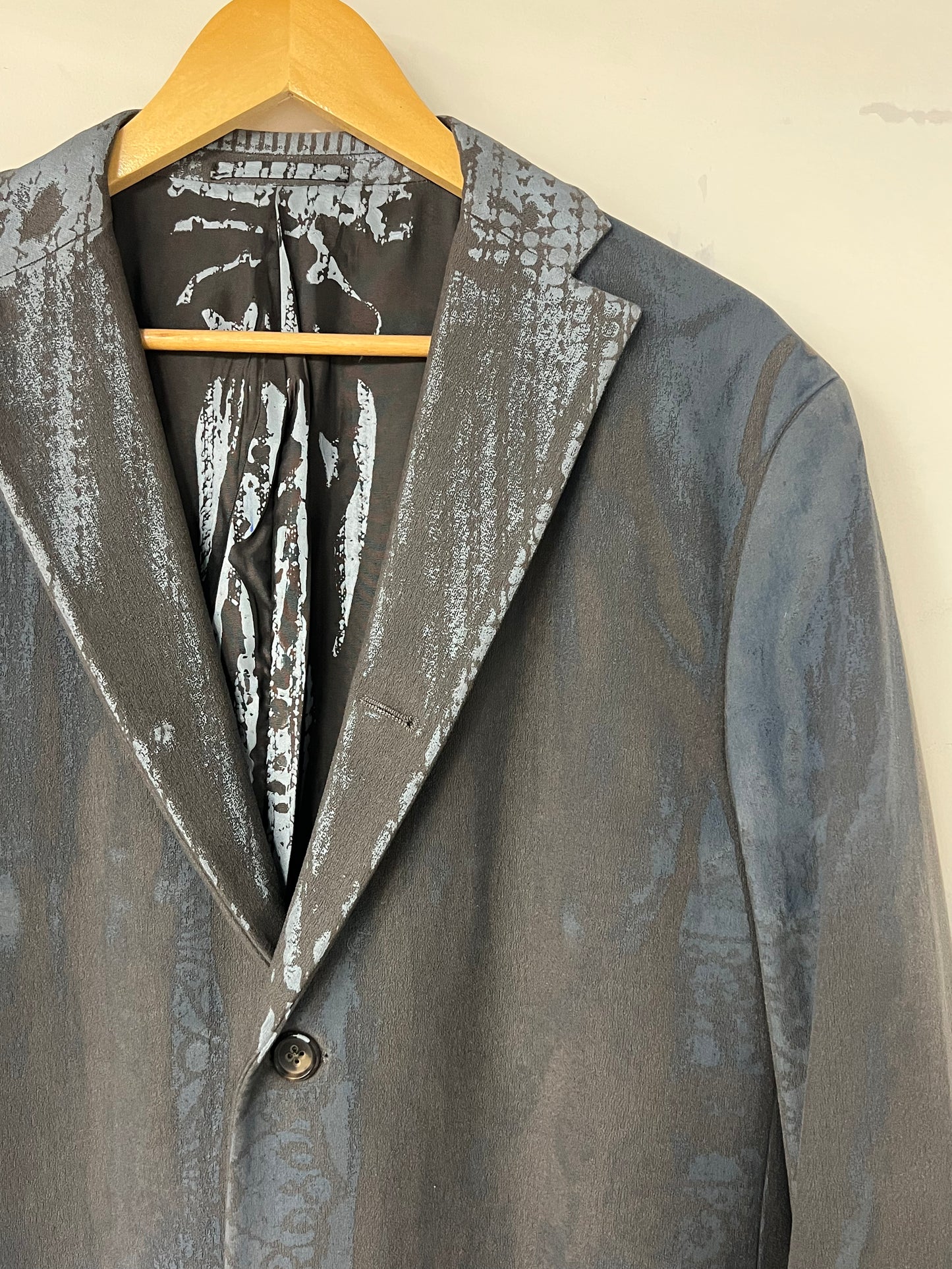 Wool Microfiber Blend Grey Blazer with Blue Print