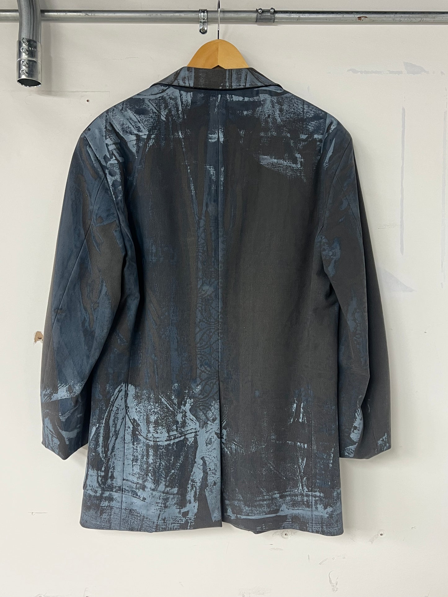 Wool Microfiber Blend Grey Blazer with Blue Print