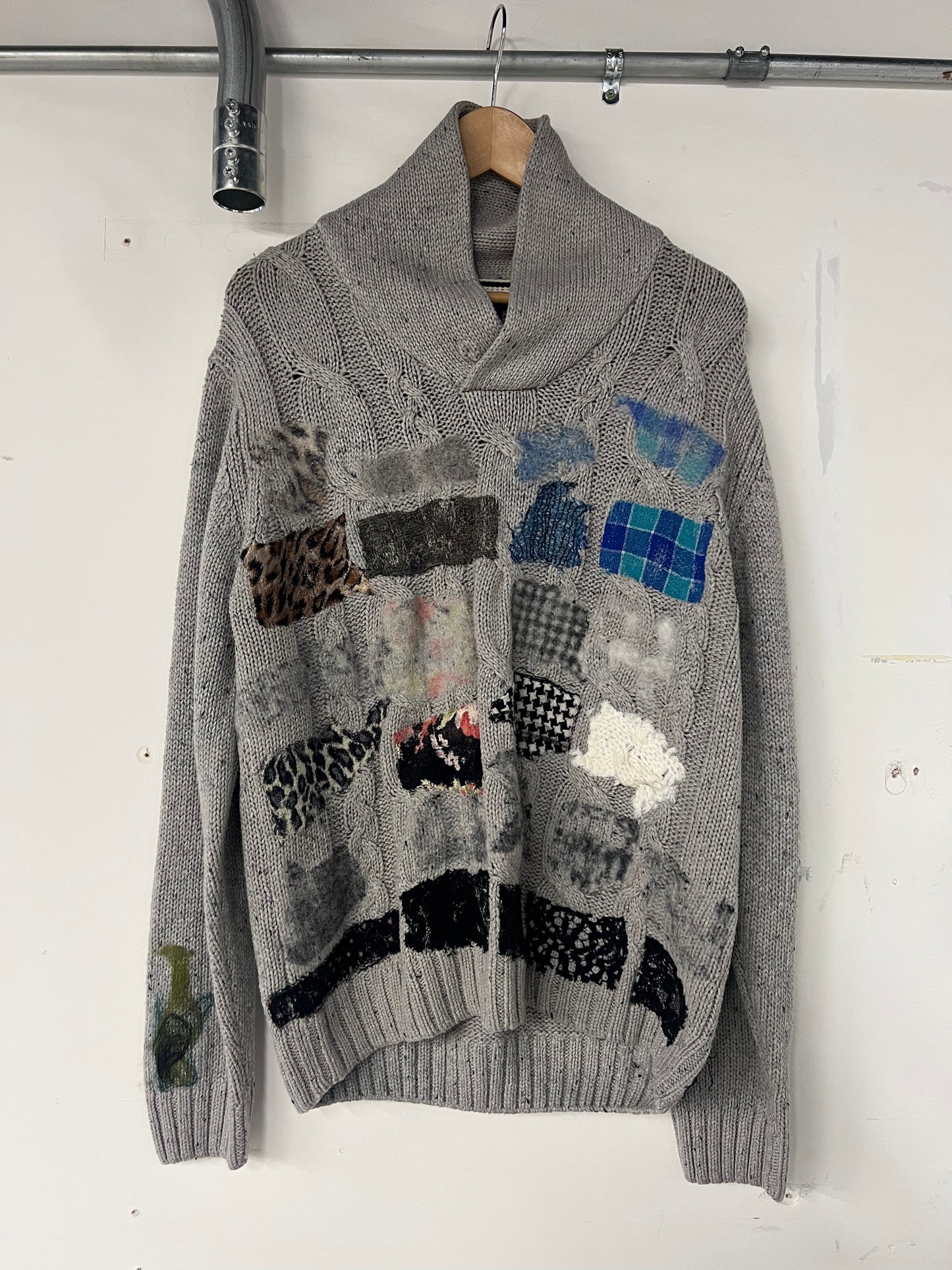 Grey Cable Knit Sweater with Blue Felt