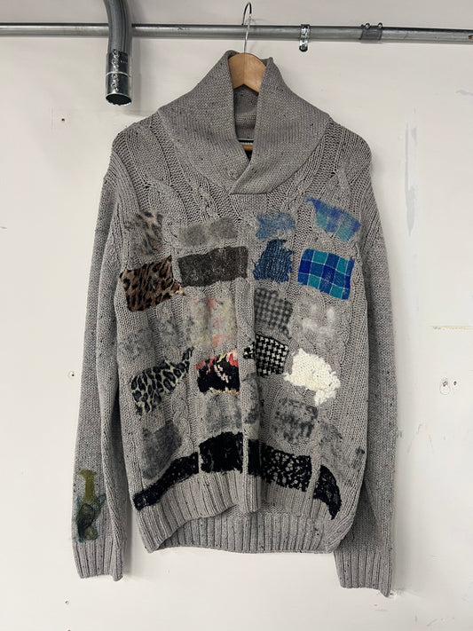 Grey Cable Knit Sweater with Blue Felt