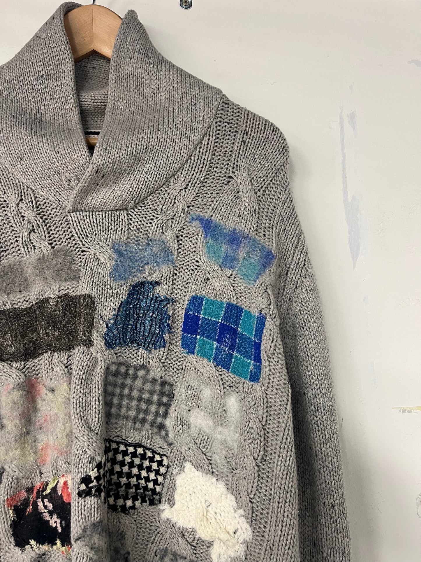 Grey Cable Knit Sweater with Blue Felt