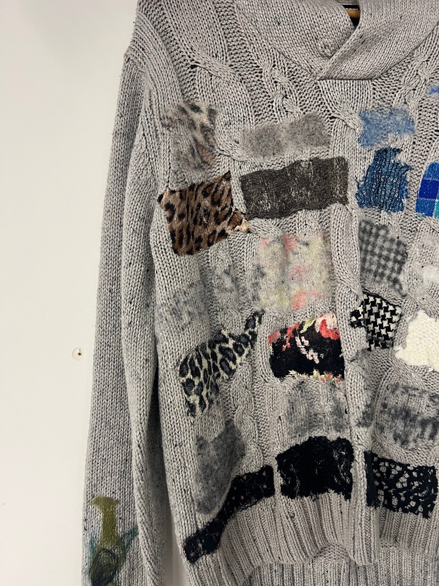 Grey Cable Knit Sweater with Blue Felt