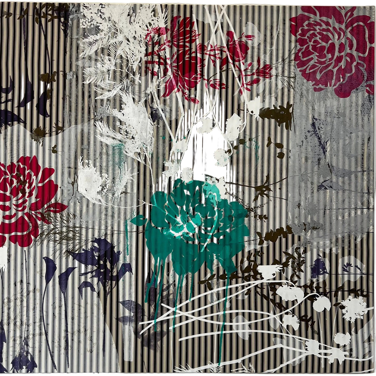 A square abstract floral wall art print featuring red and teal flowers over a gray and black striped background, hung on a white wall.